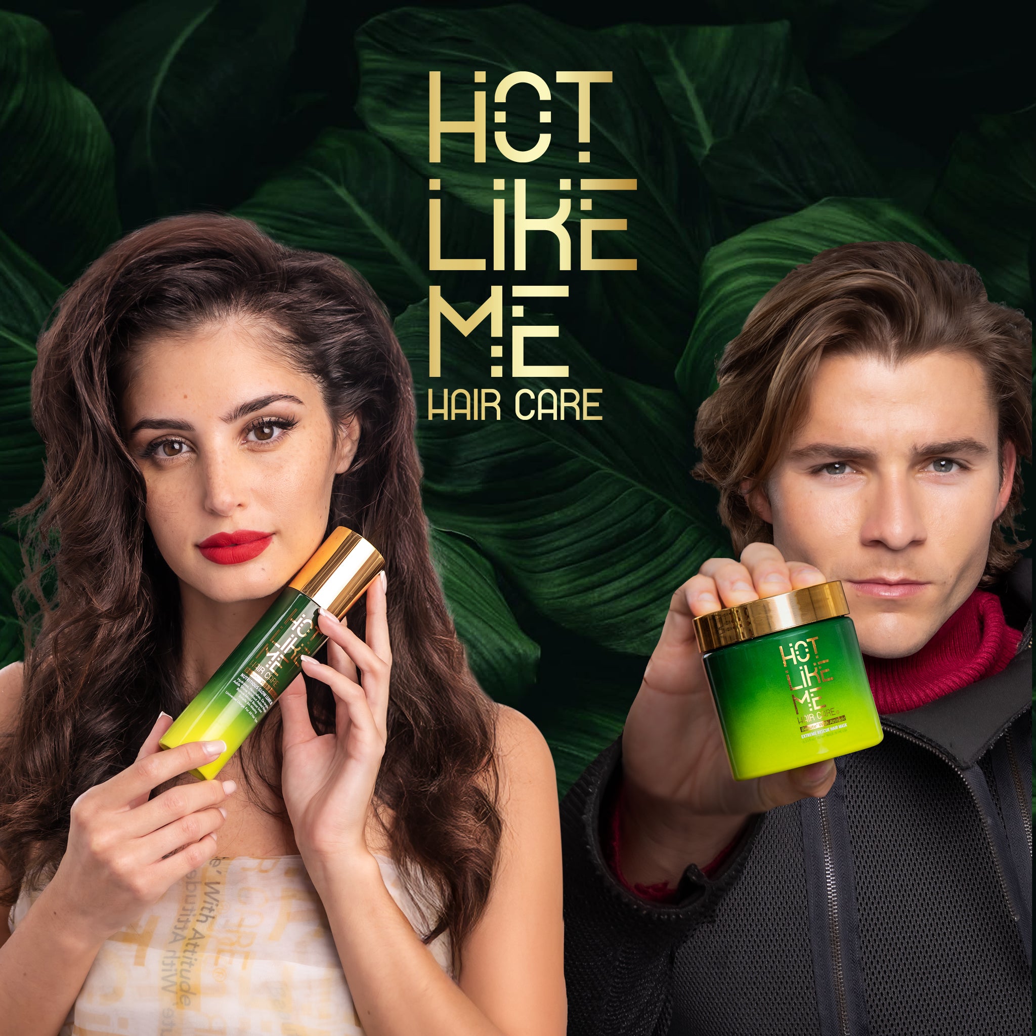 A woman and a man holding Hot Like Me products