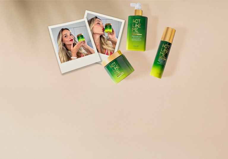 Tan background with images of a girl holding Hot Like Me Hair Care Products and images of the product bottles next to the pictures.