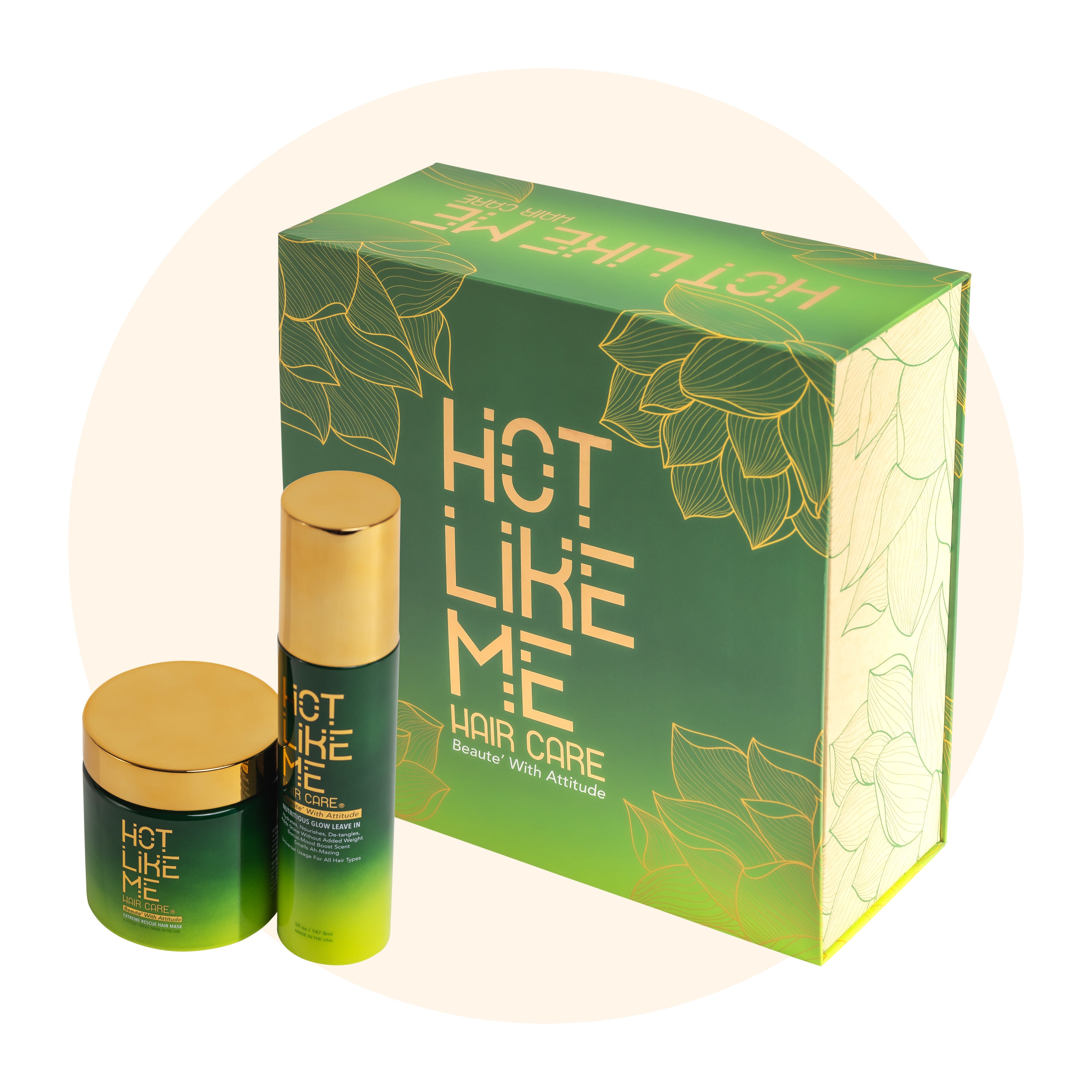 Hot Like Me Haircare Nutritious Glow Leave In Bottle, Extreme Rescue Mask Container and Packaging the products come in.