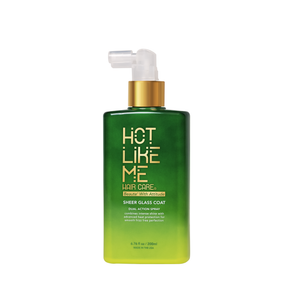 Green bottle of  Sheer Glass Coat by Hot Like Me Hair Care on a white background