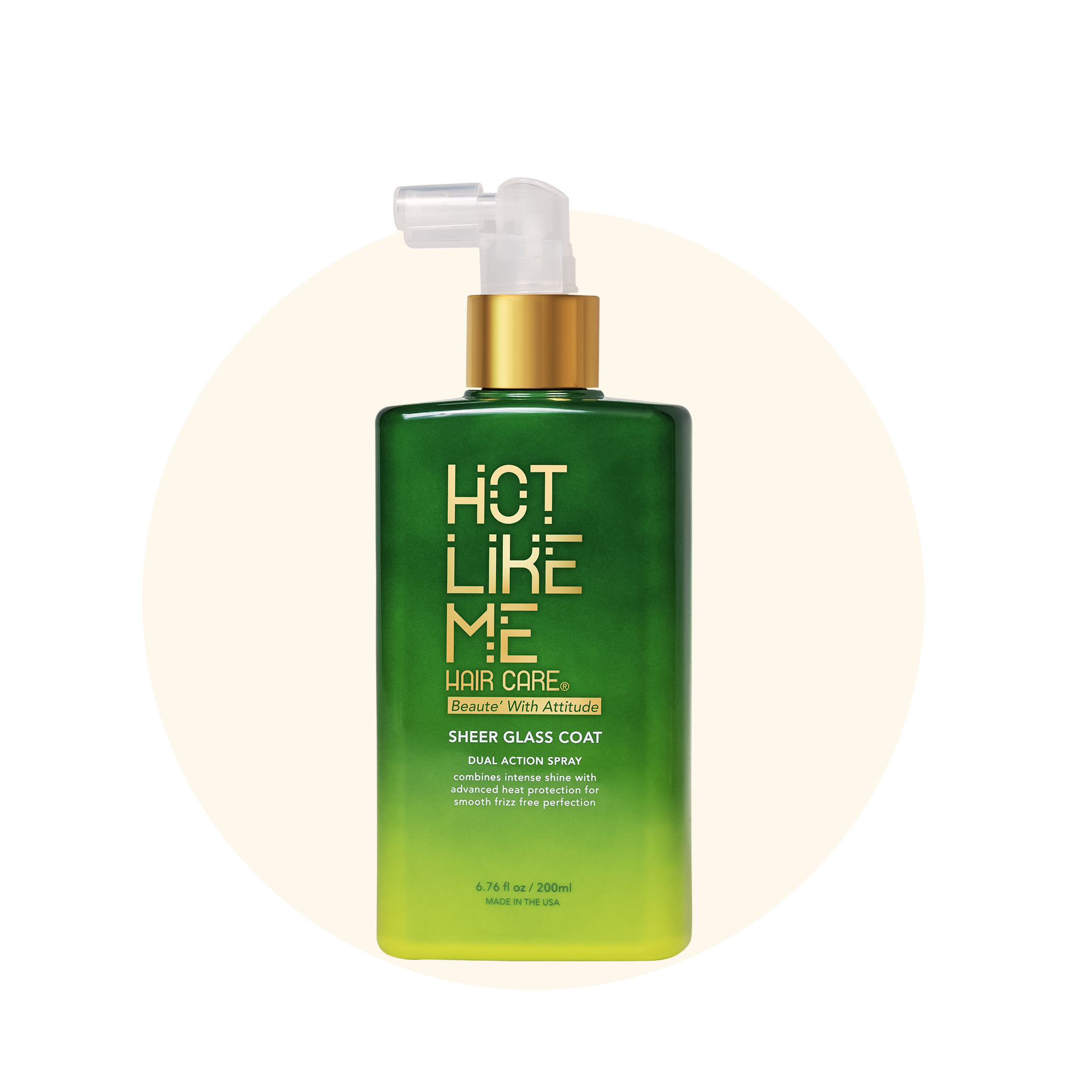 Green bottle of Hot Like Me hair care Sheer Glass Coat product on a beige background