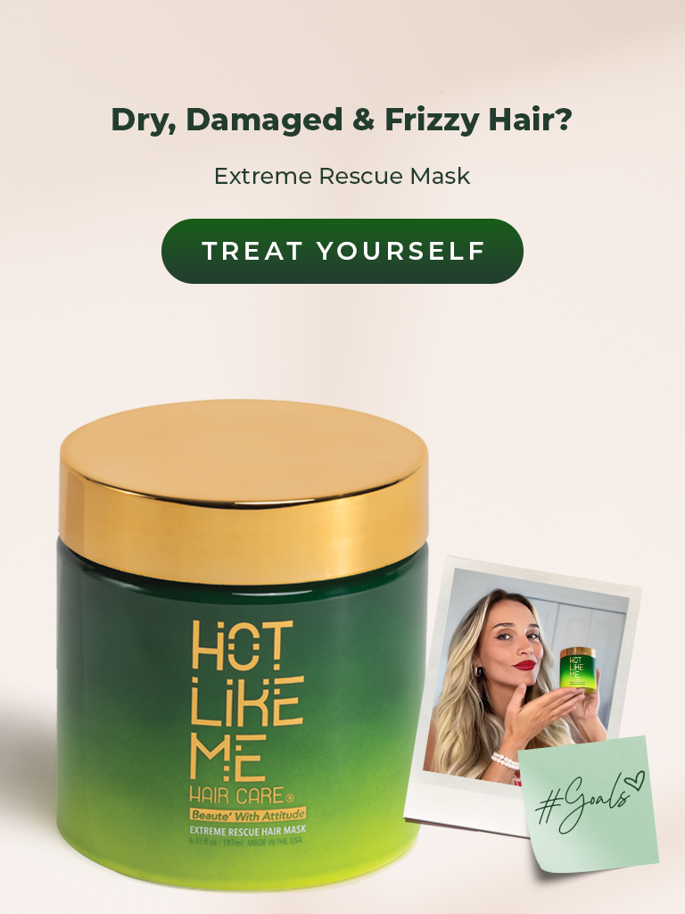 Banner showing the green Extreme Rescue Mask product bottle with a Polaroid image of a woman with healthy, hydrated hair. 