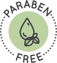 Paraben free logo with a droplet icon on a green background