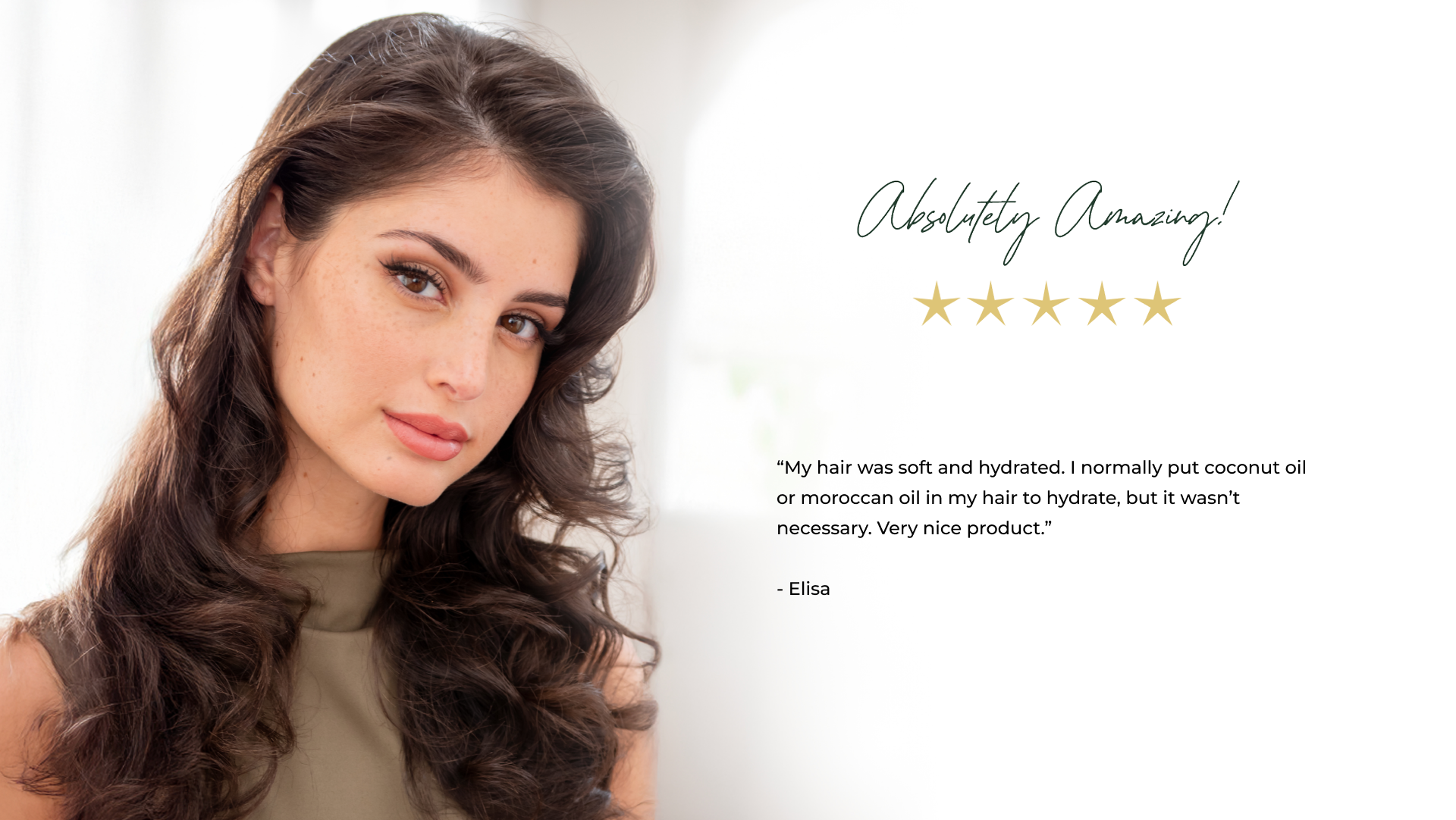 Woman with beautiful hair and a 5 star review for Hot Like Me Hair Care Products. The review says "My hair was soft and hydrated. I normally put coconut oil or moroccan oil in my hair to hydrate, but it wasn't necessary. Very nice product." 