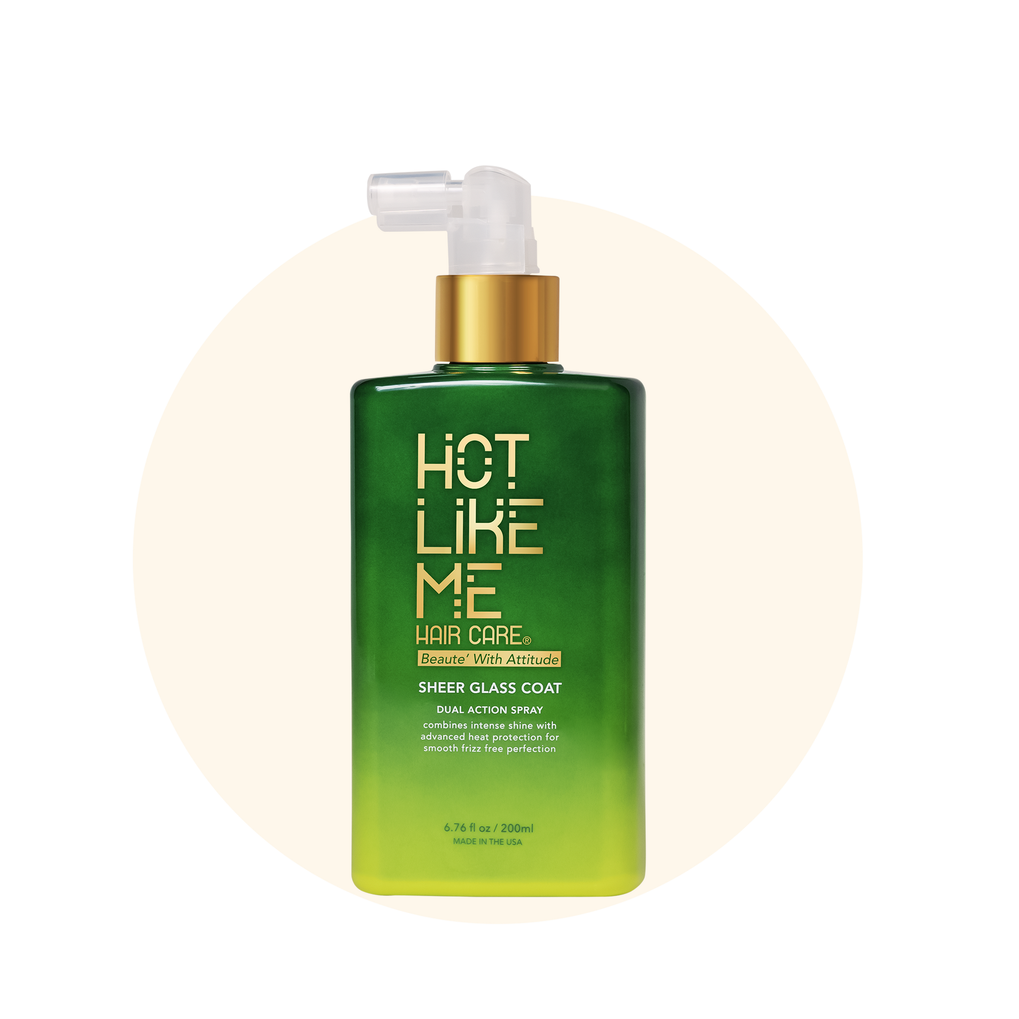 Green bottle of Hot Like Me hair care Sheer Glass Coat product on a beige background