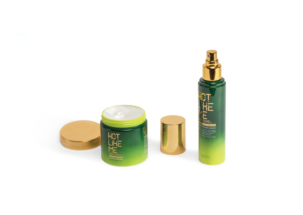 Hair care product set with 'Hot Like Me' branding on a white background