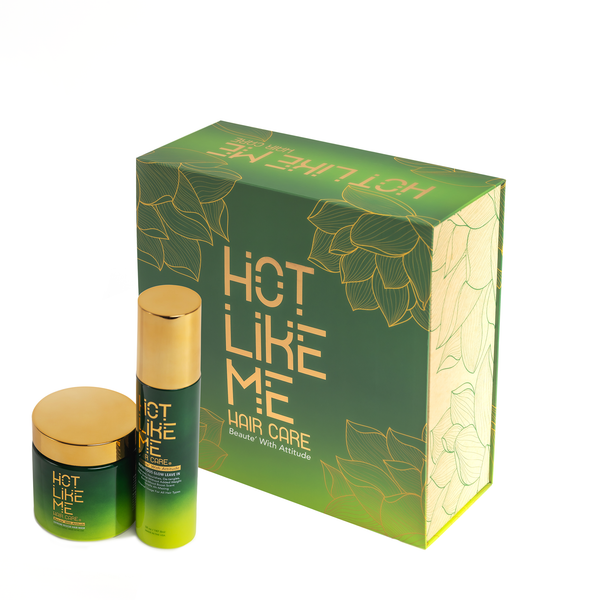 Hair care product set with 'Hot Like Me' branding on a white background